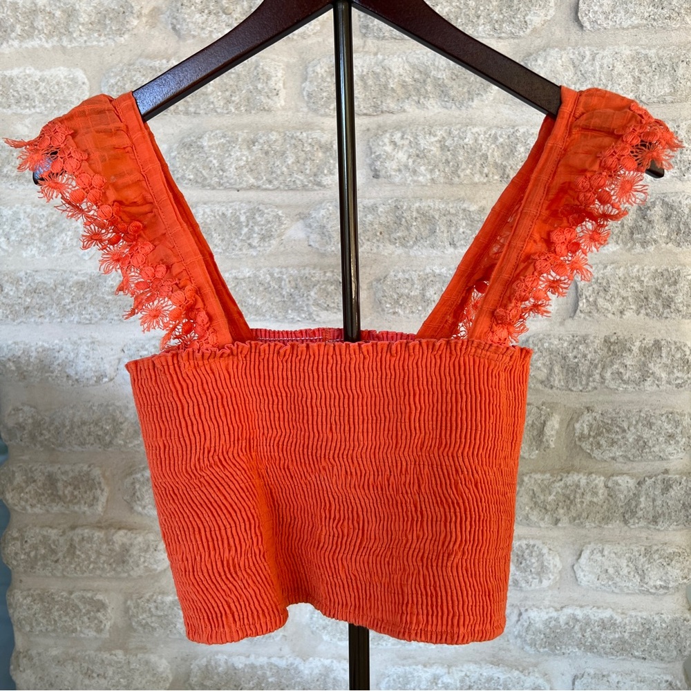 Peixoto Mariel orange smocked ruffled crop top M Anthropologie